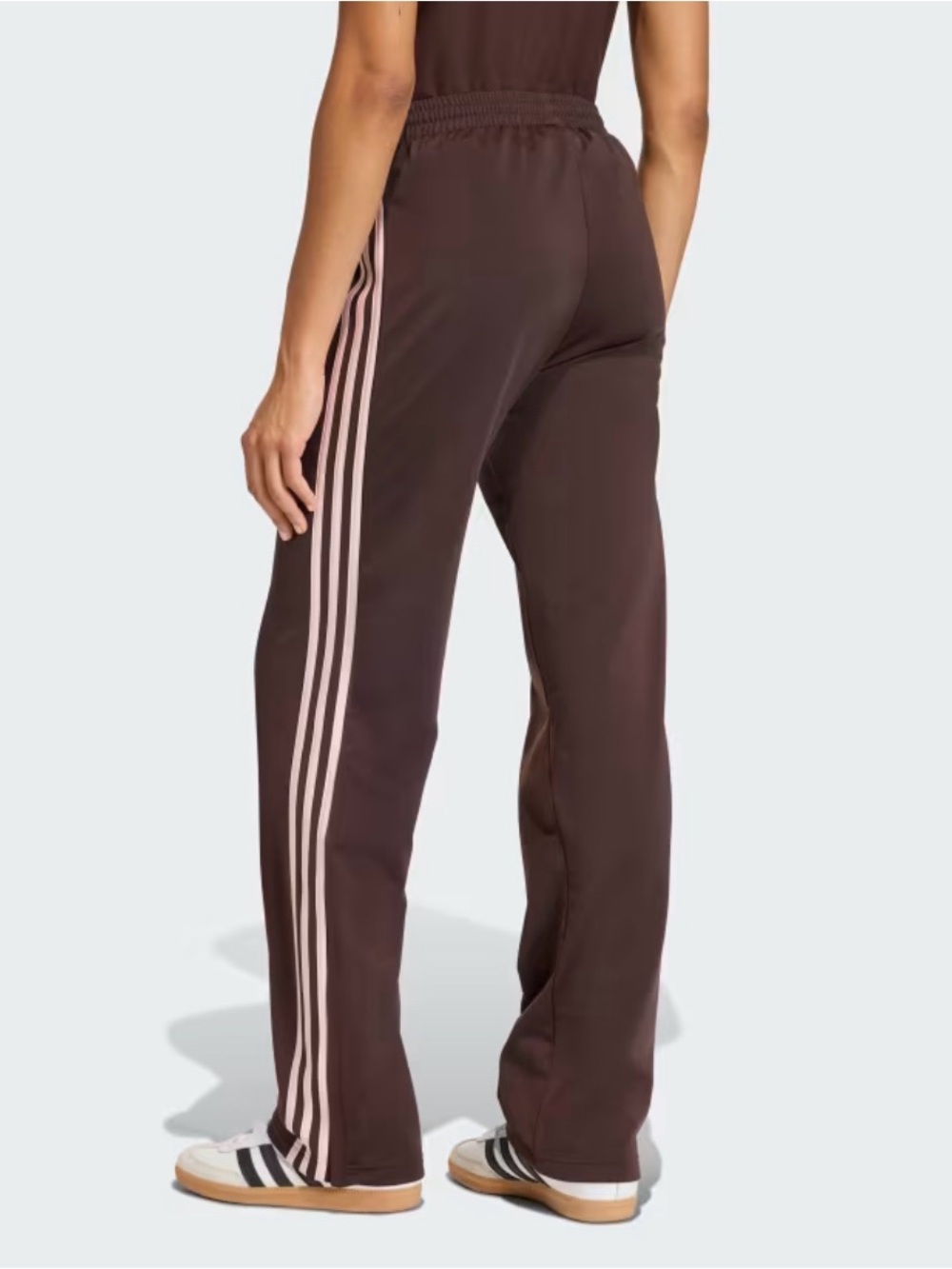 adidas Firebird Classic Brown Track Pants with Pink 3-Stripes